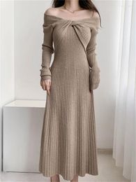 Casual Dresses French Long Dress Women Elegant Knitted Female Sexy One Shoulder Slim Sweater Ladies Autumn Winter Warm