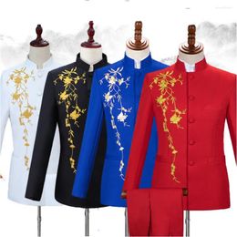 Men's Suits Chinese Style Fashion Stage Choir Performance Stand Collar Tang Suit Jacket Pant 2 Pieces Youth Male Set