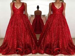 2018 Red Sparkly Sequined Prom Dresses Long Deep VNeck Sleeveless Backless A Line Cheap Evening Party Gowns5003633