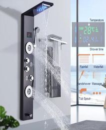 Luxury BlackBrushed Bathroom LED Shower Panel Tower System Wall Mounted Mixer Tap Hand Shower SPA Massage Temperature Screen1907266