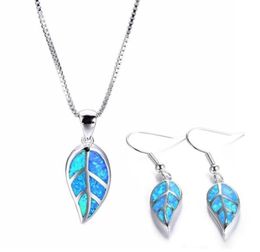 Earrings Necklace Fashion Leaves Accessories Set For Women Imitation Blue Fire Opal Plant Pendant Wedding Jewelry6346333