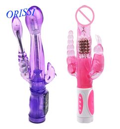 ORISSI Bunny Triple Pleasure Rabbit Vibrator G Spot Clitoris Stimulator Anal Plug Rotation Dildo Vibrator Sex Toys for Woman Y18105200090
