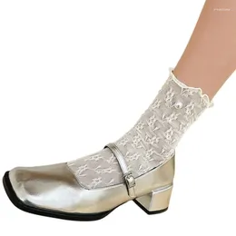 Women Socks Summer Ruffle Trim Frilly Middle Tube Mesh Sock For Girls Elegant Pearl Beaded Hollowed Out Flower Lace Calf