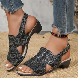 Casual Shoes Women Snake Grain Leather Sandals Fish Mouth Peep Toe Buckle Strap Broadband Slippers Summer Outdoors Wedge Heel