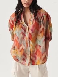 Women's Blouses 2024 Summer Women Single Breasted Loose Shirt Colorful Print Puff Sleeve Ladies V-neck