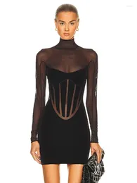 Party Dresses 2024 Women Sexy Turtleneck Long Sleeve Mesh Black Bandage Short Dress Bodycon Fashion Night Club Birthday Prom