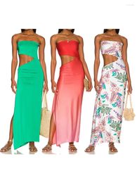 Casual Dresses Chic And Elegant Women Strapless Cutout Long Bodycon Floral Print Maxi Tube Top Dress With Slit Vestidos