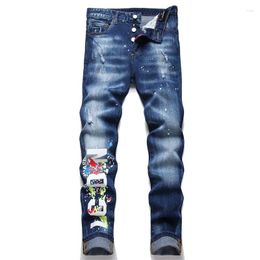 Men's Jeans Printing Punk Style Patchwork Slim Fit Denim Pants Streetwear Pencil Trusers For Male