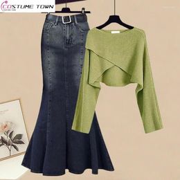 Work Dresses Autumn Gentle Style Women's 2024 Korean Loose And Versatile Long Sleeved Top Fishtail Dress Two Piece Set