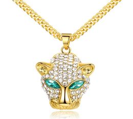 Hip Hop Green Eyed Leopard Head Pendant Necklaces High Quality Gold Plated Rhinestone Necklaces For Men Fashion Jewelry7248127