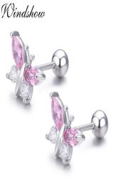 Cute 925 Sterling Silver Butterfly Pink CZ Screw Back Stud Earrings For Women Child Girls Kids Jewellery Orecchini Aros Aretes 2116096794