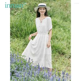Party Dresses INMAN Women Dress 2024 Summer Raglan Sleeve Lace Up Round Neck Drawstring High Waistband A-shaped French Romantic White Skirt