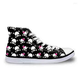 Casual Shoes Black High-Top Canvas Flat Women Lace-up Cute Cartoon Skull Prints For Ladies Students Spring Walking Sneakers