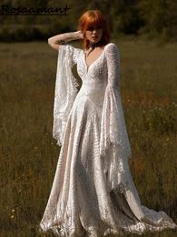 Elegant V-Neck Open Back Lace Tassel Wedding Dresses A-Line Long Flare Sleeve Appliques Country Bridal Gown