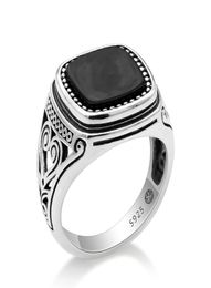 925 Sterling Silver Men Ring with Suqare Natural Black Stone Carved Design Thai Silver Ring for Women Men Turkish Jewelry2482011