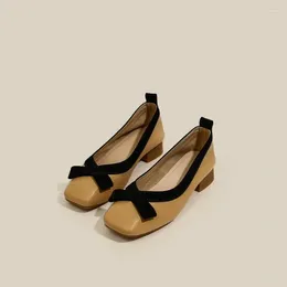 Casual Shoes With Bow Loafers For Women Block Heel Low Elegant Square Heels Normal Leather Woman Footwear Toe A L