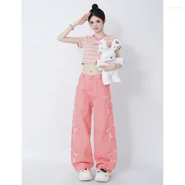 Women's Jeans Pink Retro High Waist Straight Baggy Pants Fashion Design Street Y2K Style Autumn And Winter Wide Le