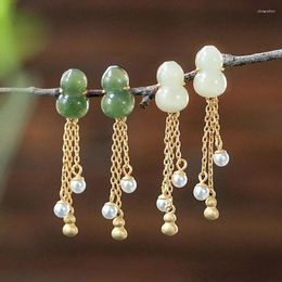 Dangle Earrings Natural Hetian White Jade Gourd Pearl Tassel Long For Women Delicate And Elegant Charm Silver Jewelry