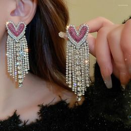 Dangle Earrings Exaggerated Rhinestone Studded Heart Tassel Long Drop Elegant Luxurious Fashion Jewellery For Women