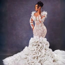 2024 Luxurious Mermaid Wedding Dress For Bride Bridal Gowns Long Sleeves Appliqued Beaded Lace Pearls Crystals Ruffled Wedding Gowns for Black Women Marriage D238