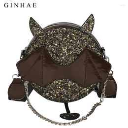 Bag Cartoon Wings Sequin Small Round Patent Leather Chain Handbag Female 2024 Fashion Shoulder Messenger All-Match Black