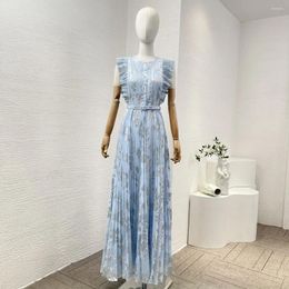 Casual Dresses 2024 Elegant Women Clothing Blue Floral Print Sleeveless Pleat Ruffle Belt Fashion Midi Dress