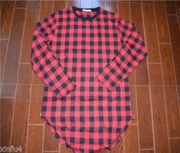 Spring and Autumn Fashion Men039s tshirt Lengthen Red Plaid cottonLong Sleeves Arc Hem Gold Zipper Sides size M3XL9004755