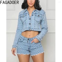 Women's Tracksuits FAGADOER Fashion Hole High Quality Denim Two Piece Sets Women Turndown Collar Button Crop Top Shorts Outfits Female