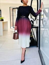 Casual Dresses Elegant For Women All Pleated O Neck Long Sleeves Mid-calf Trend Exquisite Style Simple Office Vacation Frock