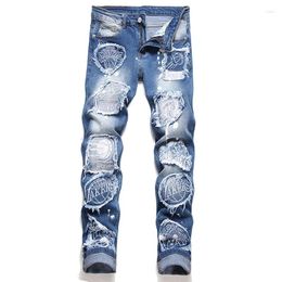 Men's Jeans Letter Embroidered Patch Blue Stretch Streetwear Slim-Fit Patchwork Pants Casual Cotton Denim Trousers Spring
