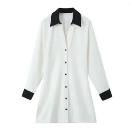 Casual Dresses 2024 Spring Leisure Fashion White Shirt Style Skirt With Black Turn-down Collar Contrast Trim Dress For Commuting Office