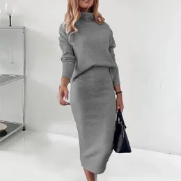 Work Dresses Long-sleeve Skirt Suit Elegant Women's High Collar Sweater Set Solid Colour Top Mid-calf Length Office Commute