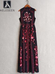 Casual Dresses AELESEEN Vintage Long Summer Dress Women Sleeveless Red Flower Print Turtleneck Crystal Beading Female Party Holiday