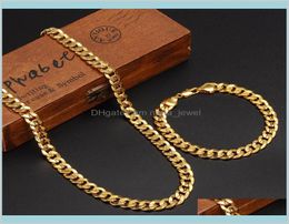 Classics Fashionable Real 24K Yellow Gold Gf Mens Woman Necklace Bracelet Jewelry Sets Solid Curb Chain Abrasion Resistant Drop De3438967