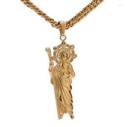 Pendant Necklaces Top Quality Gold Tone Jesus Piece Necklace Stainless Steel Holding Wands Catholic Jewelry9734619
