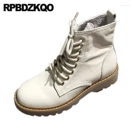 Boots Front Lace Up Casual Ankle Autumn Fur Beige Military Combat Shoes Genuine Leather Winter 2024 Flat Round Toe Women Vintage