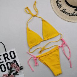 Women's Swimwear Sexy Thong Yellow Bikini 2024 Women Swimsuit Female Strings Bikinis Set Brazilian Beach Wear Bathing Suit Biquini Black