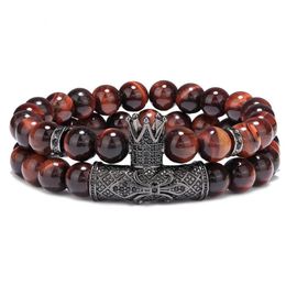 Cool Men Style 8MM Red Tiger Eye Beads Strands Micro Pave Crown Charm Bracelet for Gift 2pcsset5046727