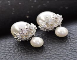 S925 Sterling Silver Stud Earrings with Crystal Luxury Pearl Double Sided Lace Designer Ear Rings Jewelry for Wedding3217192