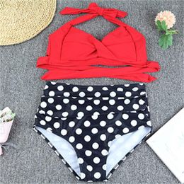 Women's Swimwear Vintage Dot Bikini High Waist Push Up Sexy Split Swimsuit Halter Bandage Backless Swimwears Women Brazil Beach Wear Bathing