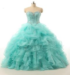 2020 Sexy Blue Organza Ball Gown Quinceanera Dresses With Beading Crystals Lace Up Dress For 15 Years Debutante Downs QS1354826994