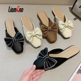 Slippers Crystal Bow Low Heel Mules Woman 2024 Summer Outdoor For Women Elegant Sexy Party Dress Shoes Brown Black Luxury