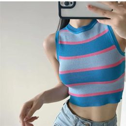 Women's Tanks Contrast Striped Crop Tank Top Women Teengirl Mock Neck Sleeveless Knitted Camis And Summer Y2K Outfit