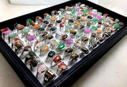 whole 100Pcs With Display Nature Stone Silver plate alloy rings Jewellery finger ring men women fashion assorted style11255643332684