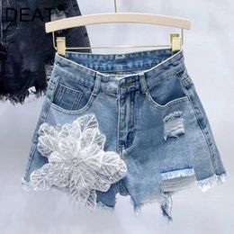 Women's Shorts High Waisted Denim For Women 2024 Items Embroidered Holes Flower Straight Wide Leg Short Pant Female 11XX9144