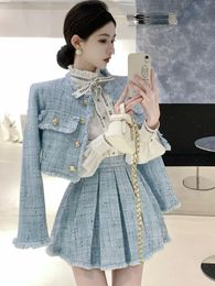 High Quality Fashion Tassel Design Small Fragrance 2 Piece Sets Women Outfit Long Sleeve Short Jacket Coat Pleated Skirt Suits 240425