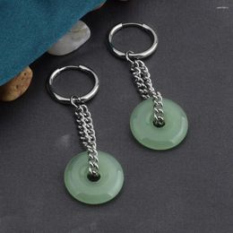 Hoop Earrings Imitation Green Jade Round Stainless Steel For Women Vintage Elegant Earclip Gifts Man