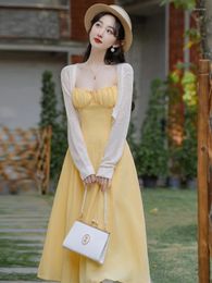 Work Dresses French Gentle Style Set Women Long Sleeve Knitted Cardigan Yellow Strapless Sexy Elegant Slip Dress Suit Vintage Fashion