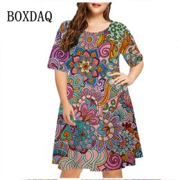 6XL Plus Size Dresse Abstract Painted Print Dress Summer Vintage Pattern Short Sleeve ALine Casual Party Sundress 240422