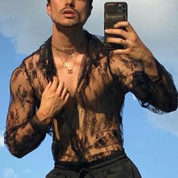 Men's Casual Shirts Fashion Mens Black Mesh See Through Long Sleeve Floral Print Shirt Clubwear Party Nightclub Men Blouse Clothing